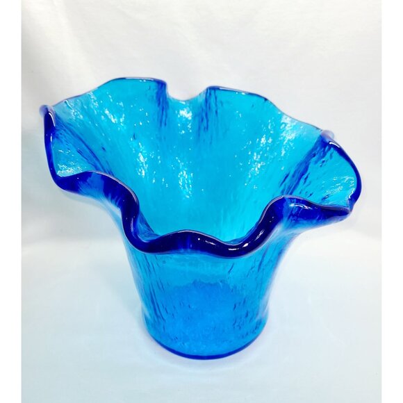 Murero Italian Recycled Glass handkerchief vase/bowl in deep aqua, Empoli Italy - Picture 1 of 7